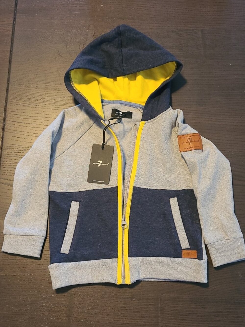 NWT 7 For All Mankind Childrens Zip Up Hoodie In Gray, Navy, & Yellow 24 Mos